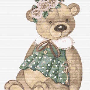 Gráfico de ponto cruz – Ursinho de pelúcia em um vestido verde. Compatível com Pattern Keeper, PDF, cruz simples, diagramas claros, padrão de crochê, tapeçaria simples