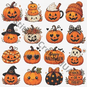 Può includere: Una collezione di sedici schemi a punto croce raffiguranti zucche arancioni con varie espressioni, accessori e decorazioni, tra cui una tazza a forma di zucca, una zucca con cappello e zucche con il testo "happy HALLOWEEN" e "TRICK OR TREAT".