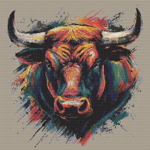 May include: A colorful abstract painting of a bull's head with a splash of color behind it.
