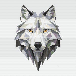 May include: A cross-stitch pattern featuring a geometric wolf head design. The wolf is composed of various shades of gray, white, and black, with bright orange eyes and a black nose. The image is rendered on a white grid background.