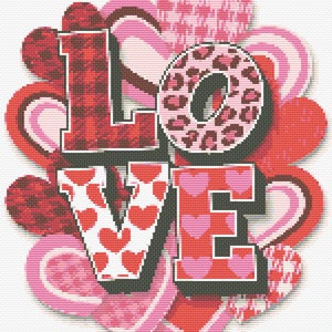 May include: A red, pink, and white "LOVE" graphic with a heart pattern. The letters are surrounded by hearts with different patterns.