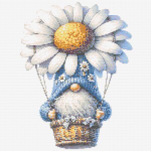 Gráfico de ponto cruz – Gnomo com uma margarida em um balão. Pattern Keeper, arquivo PDF, cruz simples, diagramas claros, padrão de crochê, tapeçaria simples