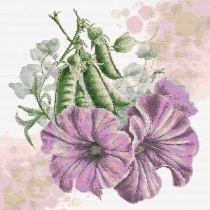 Gráfico de ponto cruz – Vagens de ervilha com flores de malva. Compatível com P K, arquivo PDF, cruz simples, diagramas claros, padrão de crochê, tapeçaria simples