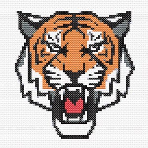 May include: A close-up of a tiger's face with orange and black stripes. The tiger is snarling with its mouth open and teeth showing. The background is white.