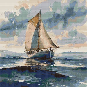 Schemat haftu krzyżykowego – jacht żaglowy na morzu ocean woda fale niebieska chmura plik PDF, prosty krzyż, przejrzysty diagram, wzór szydełkowy, prosty gobelin