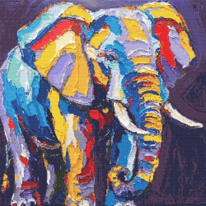 Puede incluir: Una pintura abstracta colorida de un elefante con tonos azules, amarillos, rojos y morados. La trompa del elefante es larga y curvada, y sus ojos son grandes y expresivos.