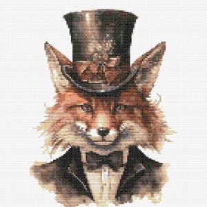 Puede incluir: Un zorro con un sombrero de copa y una pajarita. El zorro tiene un pelaje marrón y naranja y un pecho blanco. El sombrero de copa es negro con detalles dorados.