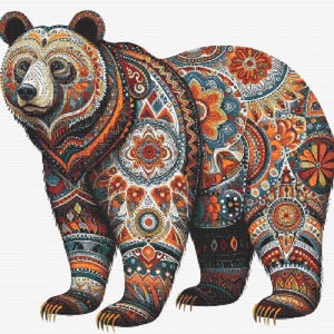 Gráfico de ponto cruz – Urso pardo em estilo étnico. Todos os níveis. Compatível com PK, download instantâneo de design de arquivo PDF, padrão de crochê, tapeçaria simples
