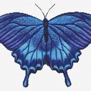 Gráfico de ponto cruz – Morpho borboleta. Em tons azul-violeta. PK, arquivo PDF, cruz simples, diagramas claros, padrão de crochê, tapeçaria simples