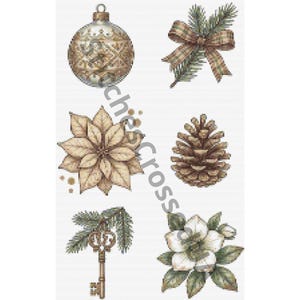 May include: A cross stitch pattern featuring six holiday motifs: a gold patterned ornament, a plaid bow with pine needles, a beige poinsettia, a brown pinecone, an antique key with pine needles, and a white flower with green leaves.