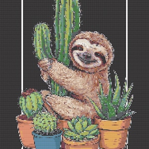 Kruissteekkaart - Schattige cactussen met luiaards, bloempotten zwart, haakpatroon, pdf-bestand, eenvoudig wandtapijt