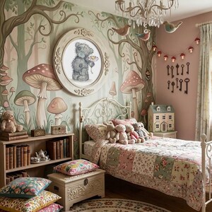 Peut inclure: Une chambre avec un cadre de lit en métal blanc, une courtepointe en patchwork floral, un cadre mural rond contenant une illustration d'ourson gris, une bibliothèque avec des livres, un coffre en bois et un tapis rond à motif de cerf.