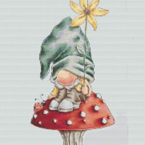 Gráfico de ponto cruz – Gnomo escandinavo com joaninha em agaric mosca. PK, arquivo PDF, cruz simples, diagramas claros, padrão de crochê, tapeçaria simples