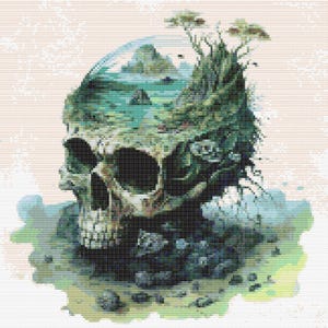 May include: Cross-stitch design of a skull with a landscape scene within. The skull is beige and green, with a mountain and tree scene inside. The background is a light beige.