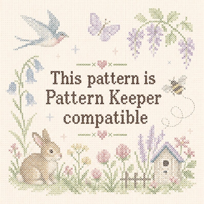 May include: A cross-stitch pattern featuring a brown rabbit, a bird, a butterfly, a bee, flowers, and a birdhouse. The text in the center reads: This pattern is Pattern Keeper compatible. The design is rendered in various colors on a cream background.