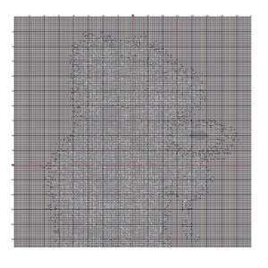 May include: A cross-stitch pattern chart printed on a white grid background. The design features a central figure outlined with black symbols and letters within the squares. The grid includes numbered axes along the top and left sides for reference.