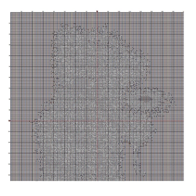 May include: A cross-stitch pattern chart printed on a white grid background. The design features a central figure outlined with black symbols and letters within the squares. The grid includes numbered axes along the top and left sides for reference.