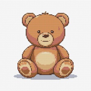 May include: A brown teddy bear with a light brown belly is sitting with its legs crossed. The bear has a small, black nose and black eyes.