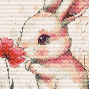 Kreuzstichvorlage – Vintage Postkarte. Süsses weisses Kaninchen mit roter Mohnblume,PDF-Datei,einfaches Kreuz,Häkelmuster,einfacher Wandbehang