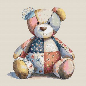 May include: A patchwork teddy bear with a pink, blue and yellow colour scheme. The bear is sitting with its legs crossed and has a sweet expression on its face.