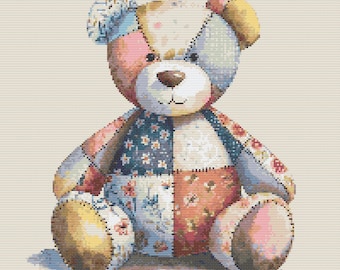 Patchwork Fabric Bear Cross Stitch Pattern – Vintage Quilt (PDF Pattern)