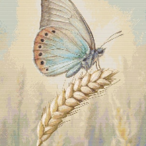 Gráfico de ponto cruz – Borboleta em uma espigueta. Fundo aquarela. PK, arquivo PDF, cruz simples, diagramas claros, padrão de crochê, tapeçaria simples