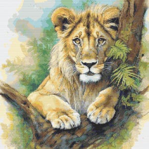 Kreuzstichvorlage - Löwe ruht sich auf einem Baum im Dschungel aus. Aquarell, PDF-Datei, einfaches Kreuz, Häkelanleitung
