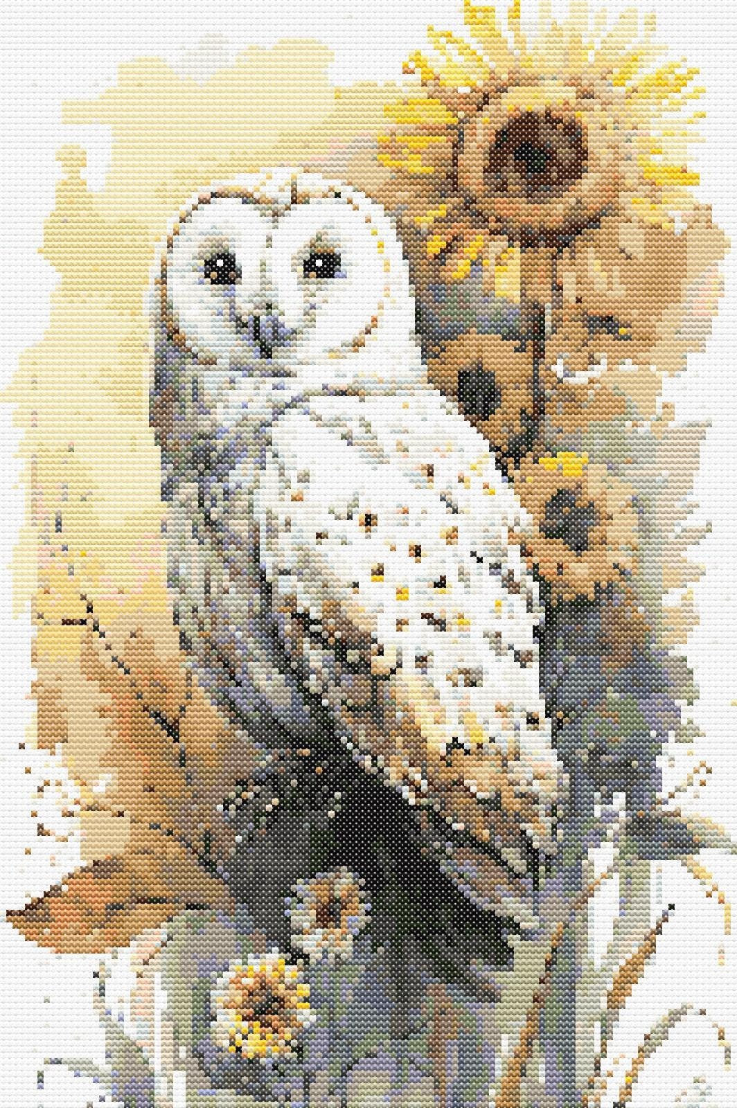 Cross stitch chart &ndash; a polar owl with sunflowers in watercolor style, PDF file design, instant