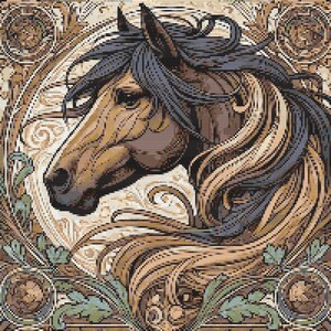 Gráfico de ponto cruz – Vitral. Cavalo. Cores naturais. Compatível com PK, arquivo PDF, cruz simples, diagramas claros, padrão de crochê, tapeçaria simples.