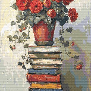 Red Roses Cross Stitch Pattern Cottagecore Books Needlepoint Chart Floral Still Life Embroidery PDF Counted Thread Pattern Keeper Approved