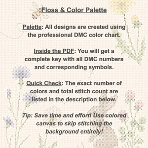 May include: A cross-stitch pattern information sheet featuring text titled Floss & Color Palette, Palette, Inside the PDF, Quick Check, and Tip. The background displays light-colored cross-stitch motifs of a bee, flowers, and a rabbit.