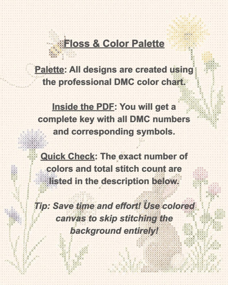 May include: A cross-stitch pattern information sheet featuring text titled Floss & Color Palette, Palette, Inside the PDF, Quick Check, and Tip. The background displays light-colored cross-stitch motifs of a bee, flowers, and a rabbit.