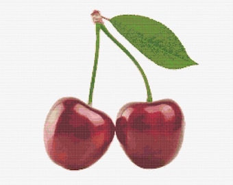Puede incluir: Un par de cerezas de color rojo intenso unidas a tallos verdes delgados, con una sola hoja verde puntiaguda que se extiende desde la parte superior. Las cerezas tienen un aspecto suave y brillante con reflejos sutiles, en punto de cruz.