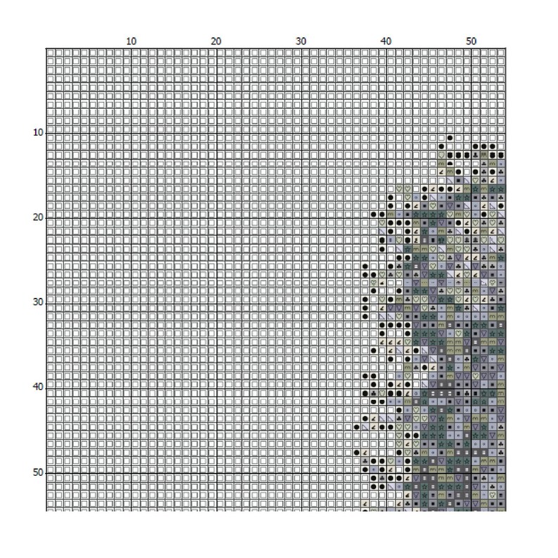 May include: A cross-stitch pattern chart featuring a grid with numbered axes from 0 to 50. The left side consists of empty white squares, while the right side displays a dense arrangement of various symbols in shades of gray, blue, and green.