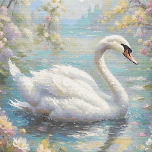 Kruissteekkaart: witte zwaan op de vijver. Pastelkleuren en tinten, pdf-bestand, eenvoudig kruis, duidelijke diagrammen, gehaakt patroon, eenvoudig wandtapijt*