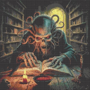 Kruissteekkaart – Kwaadaardig monster in de bibliotheek, pdf-bestand, eenvoudig kruis, duidelijke diagrammen, haakpatroon, eenvoudig wandtapijt