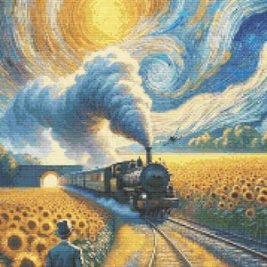 Gráfico de ponto cruz – Ideia no estilo Van Gogh. Locomotiva a vapor. Girassóis. PK, arquivo PDF, cruz simples, diagrama claro, padrão de crochê, tapeçaria simples