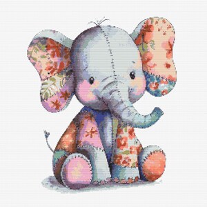Kruissteekkaart: schattige pluche olifant. Patchwork.Bright Patches.Flowers, pdf-bestand, eenvoudig kruis, duidelijke diagrammen, gehaakt patroon, eenvoudig wandtapijt