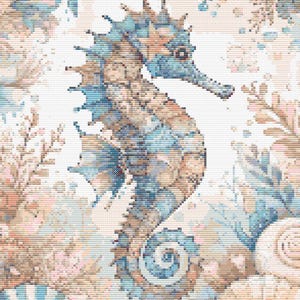 May include: A cross-stitch embroidery pattern featuring a central seahorse in shades of blue, tan, and brown. The seahorse is surrounded by detailed aquatic elements including coral, seaweed, and seashells in soft pastel tones on a white background.