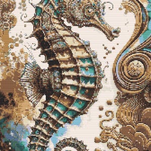 Może przedstawiać: Szczegółowy wzór haftu krzyżykowego przedstawiający złotego i turkusowego konika morskiego z misternymi detalami. Konik morski jest zwinięty w spiralę na białym tle z złotymi i turkusowymi wirami.