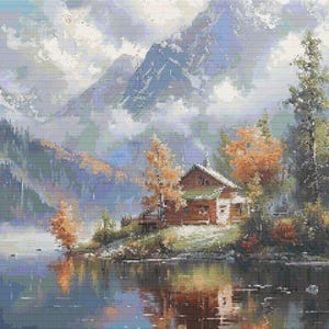 Gráfico de ponto cruz – Casa perto do lago nas montanhas. Compatível com P K, arquivo PDF cruz simples, diagramas claros, padrão de crochê, tapeçaria simples
