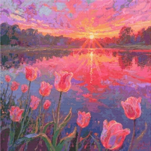 Floral Sunset Cross Stitch Chart Vibrant Lake Needlepoint PDF, Pink Tulip Landscape Embroidery Design, Modern Scenic Wall Art Sampler Layout