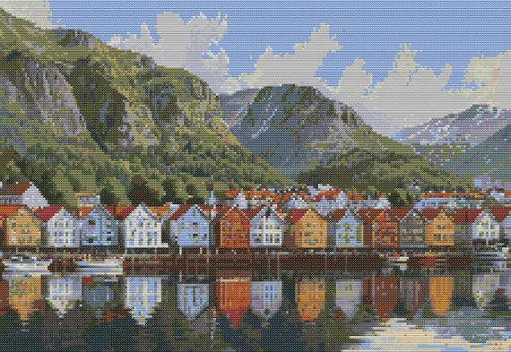 Cross stitch chart – a realistic picture of Bryggen in Bergen Norway, PDF file design, instant download, crochet pattern, simple tapestry