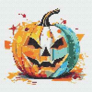 Puede incluir: Diseño de punto de cruz de una calabaza de Halloween con una cara tallada. La calabaza está dividida en dos secciones, una naranja y otra turquesa, con un tallo negro. El diseño tiene un estilo pixelado y abstracto, con fondo blanco.