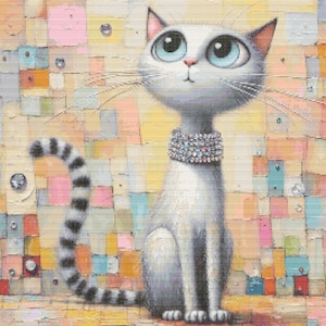 Gráfico de ponto cruz – Gato branco de desenho animado. Cores pastel. Compatível com PK, arquivo PDF, ponto cruz simples, diagramas claros, padrão de crochê, tapeçaria simples.