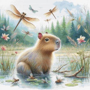 Kruissteekkaart: capibara met libellen in een vijver. PK-compatibel, pdf, eenvoudig kruis, duidelijke diagrammen, haakpatroon, eenvoudig wandtapijt