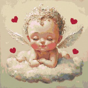 Kreuzstichvorlage - Baby Amor träumt auf einer Wolke. Schlafender Engel, PDF Datei, einfaches Kreuz, einfache Häkelanleitung, Wandteppich