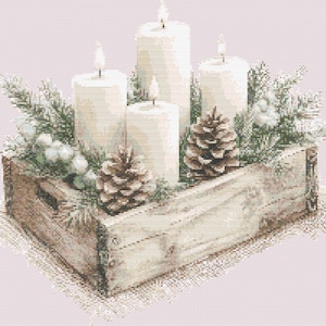 May include: A cross-stitch pattern depicting four white pillar candles arranged in a wooden crate. The arrangement is decorated with green pine branches, white berries, and brown pinecones, creating a detailed seasonal display of winter greenery.