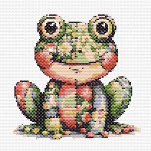 May include: A green, red and yellow cross-stitch pattern of a frog with big eyes. The frog is sitting on a white background.