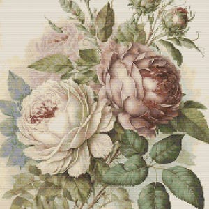 Kruissteekkaart – vintage kaart. Boeket Engelse rozen met knoppen, pdf-bestand, eenvoudig kruis, duidelijke diagrammen, gehaakt patroon, eenvoudig tapijt